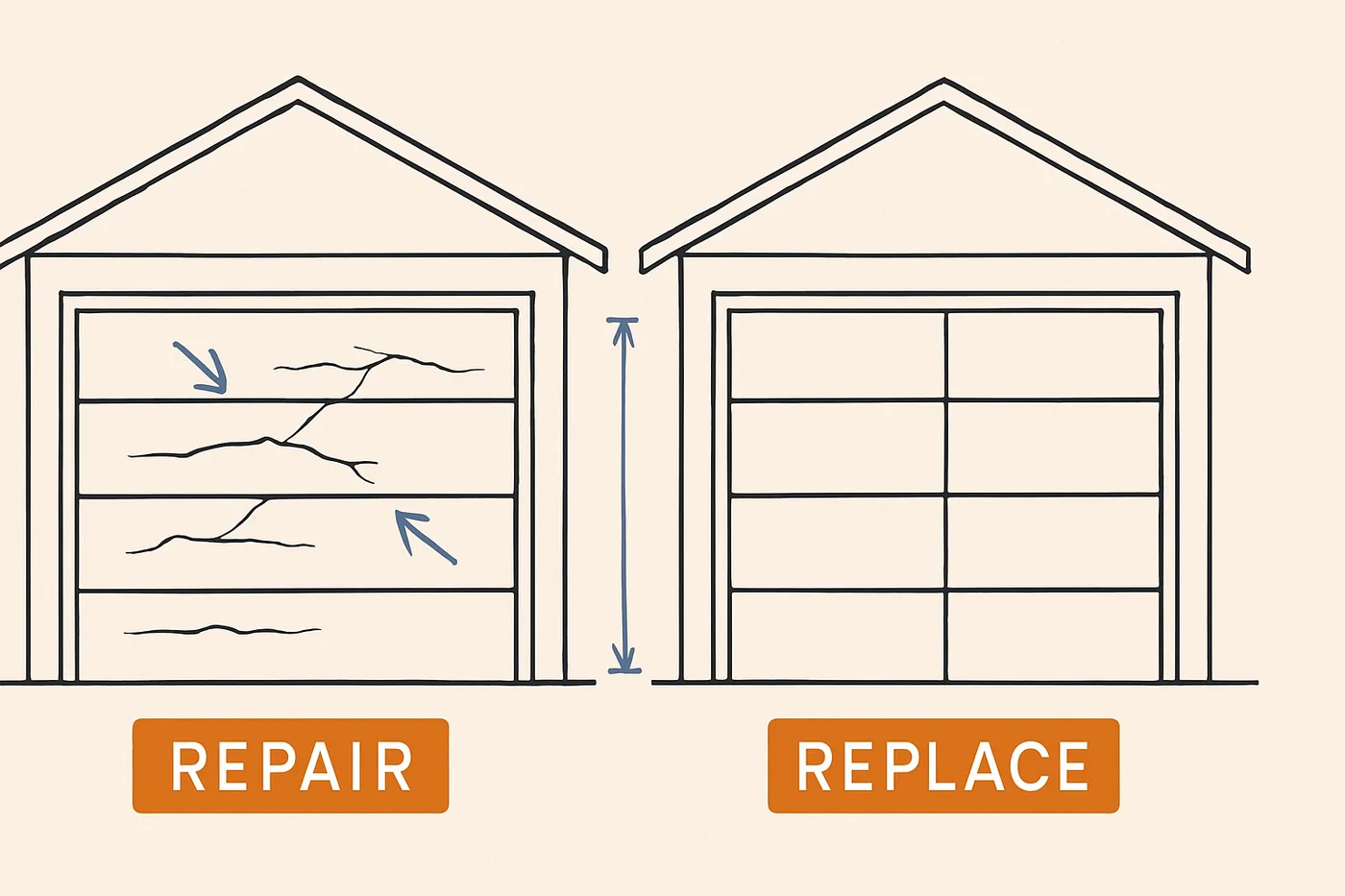 Technical illustration: two garage doors side by side — one weathered with cracked panels, one new and pristine — with a comparison scale between them.