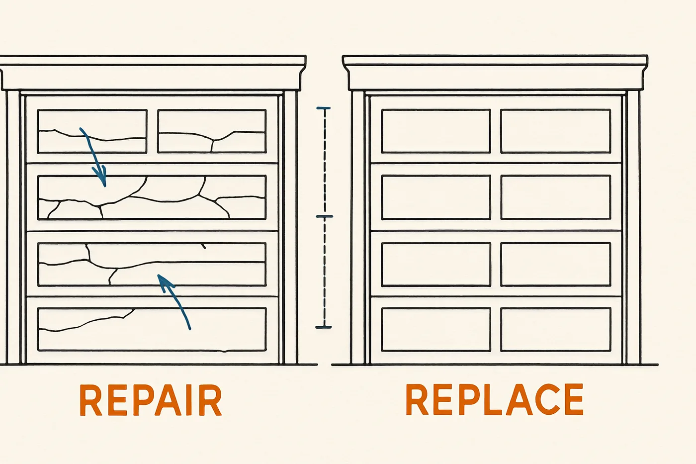 Technical illustration: two garage doors side by side, one weathered with cracked panels, one new and pristine, with a comparison scale between them.