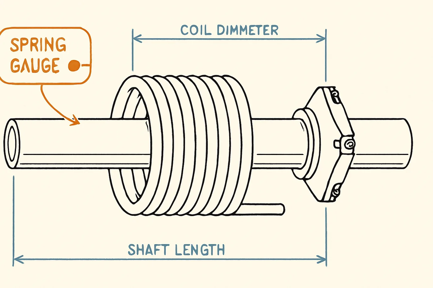Technical illustration: a coiled torsion spring on a shaft with cone fittings drawn as a patent-style technical illustration.