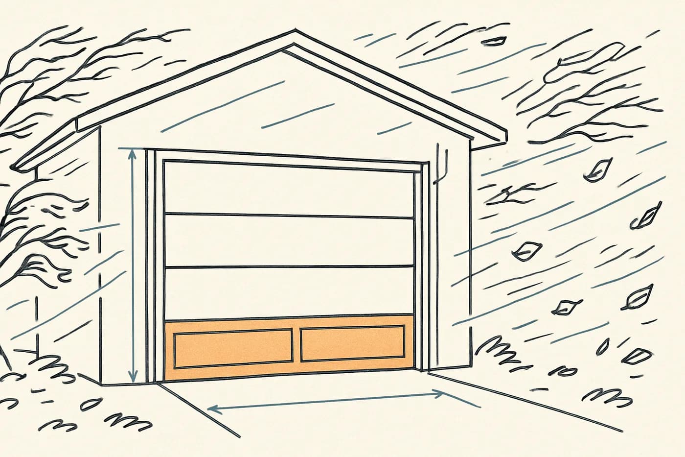 Line drawing of a closed garage door on a small house while wind bends the trees and blows leaves past, with the bottom section of the door shaded orange and two blue dimension arrows.