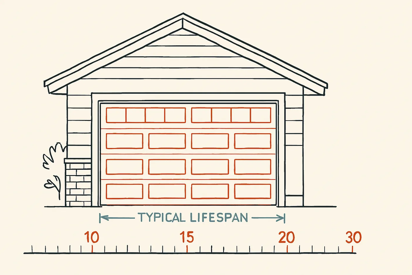 Technical illustration: a residential garage door on a house facade with a timeline ruler running along the bottom edge.