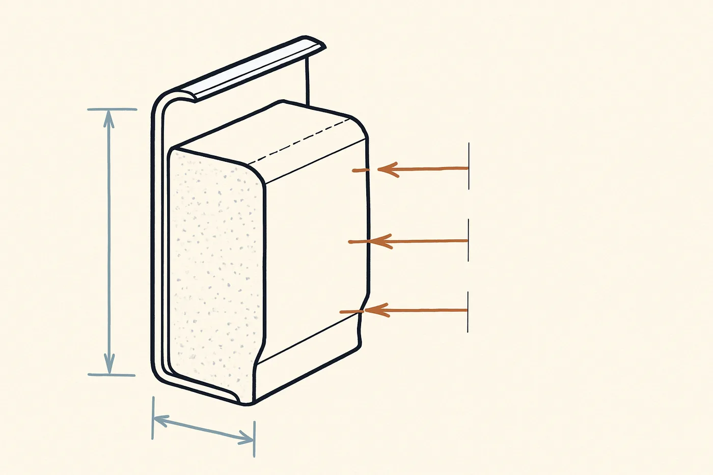 Technical illustration: a cutaway cross-section of a garage door panel showing insulation layers — outer steel skin, foam core.