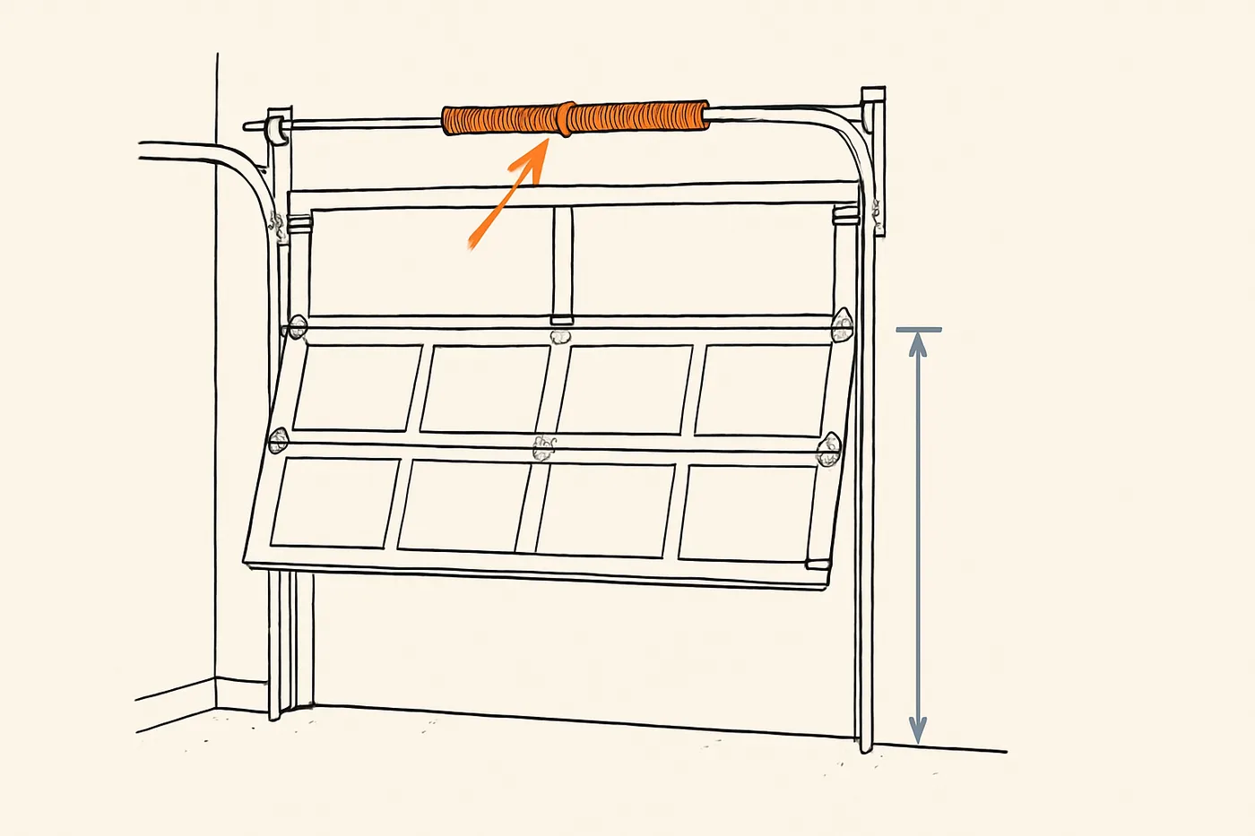 Technical illustration: a garage door shown half-open with the torsion spring highlighted above the door opening.