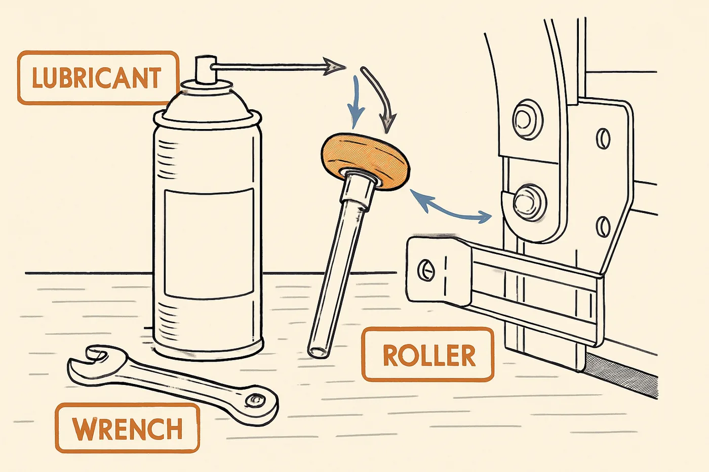 Technical illustration: a spray lubricant canister beside a garage door roller and a small wrench, laid out on a workbench.