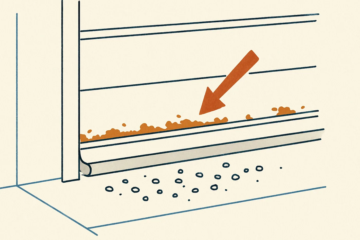Line drawing of the bottom of a garage door, with orange rust patches along the lower panel edge, an orange arrow pointing at the rust, and salt crystals scattered on the floor in front of the bottom seal.
