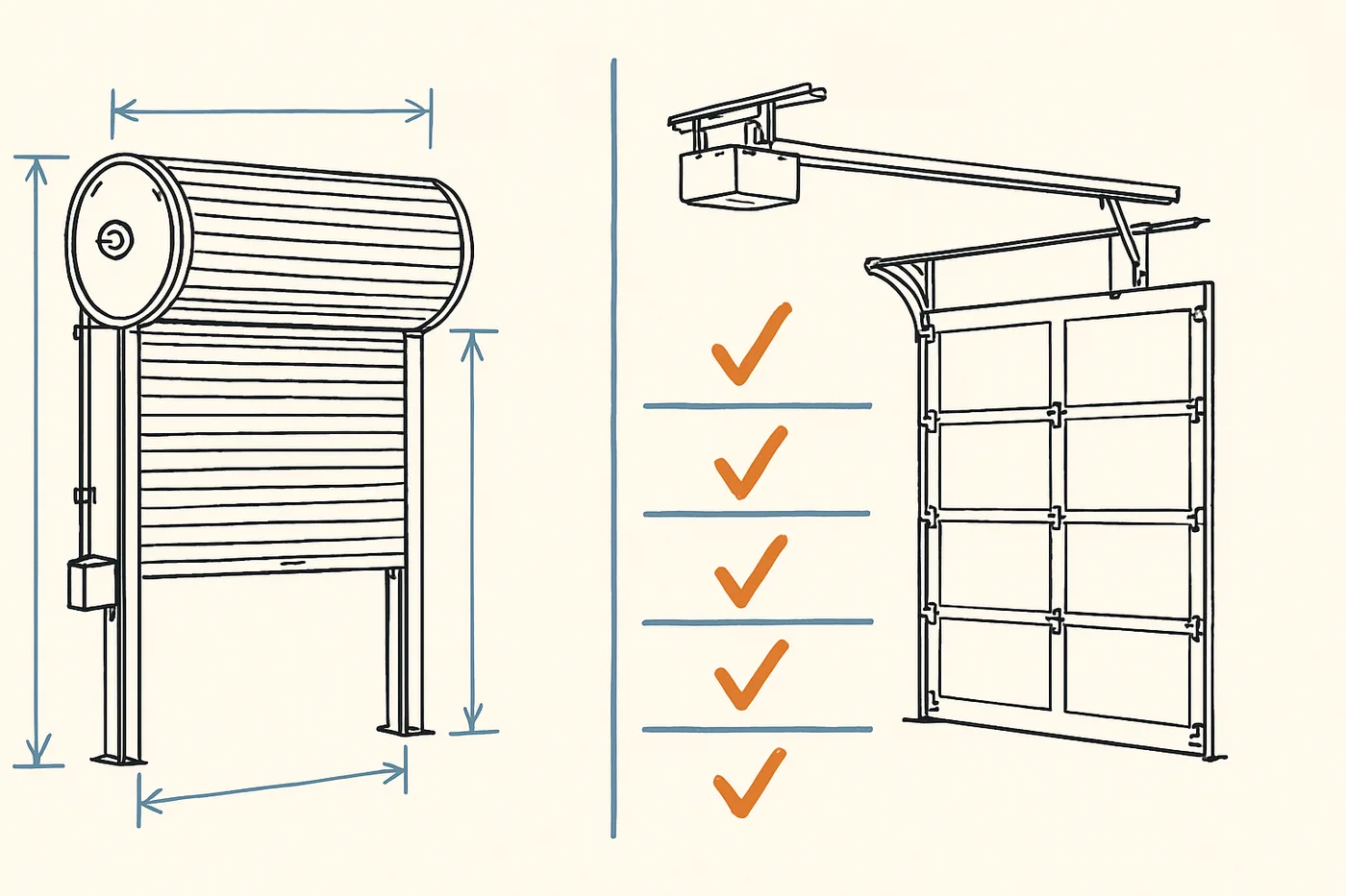 Technical illustration: two generic garage door opener units side by side in a comparison layout with feature check columns.