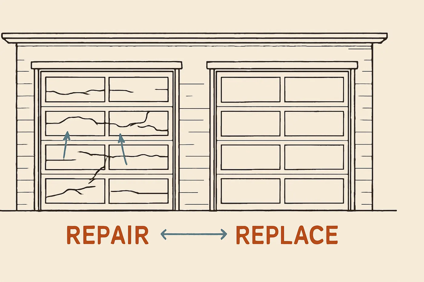 Technical illustration: two garage doors side by side, one weathered with cracked panels and one new and pristine, with a comparison scale between them.