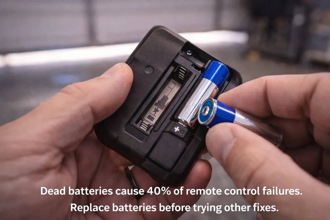A handheld garage door remote with the battery cover open beside a small set of tools on a tidy workbench.