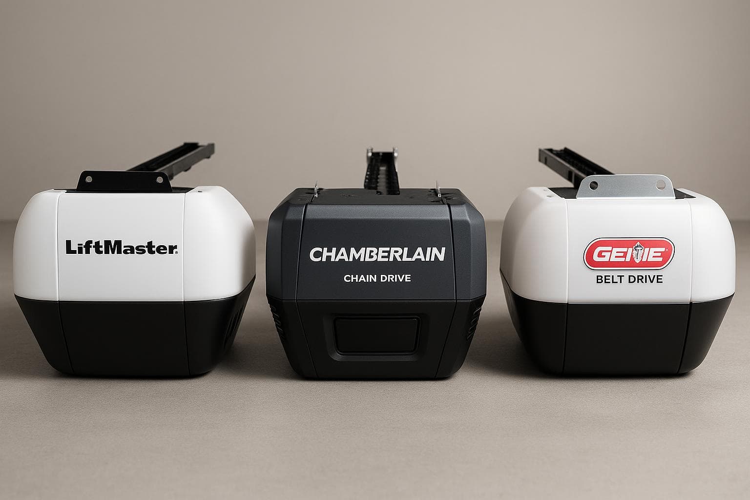 Three different garage door openers side by side (chain drive, belt drive, and direct drive) showing the physical differences a homeowner never sees until they're buying.