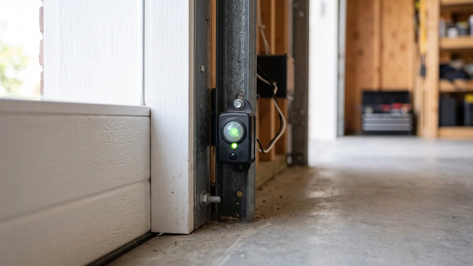 A black photo-eye sensor housing mounted on the steel door track bracket near the garage floor, its green light on, with its wire running up to a small box on the wall.