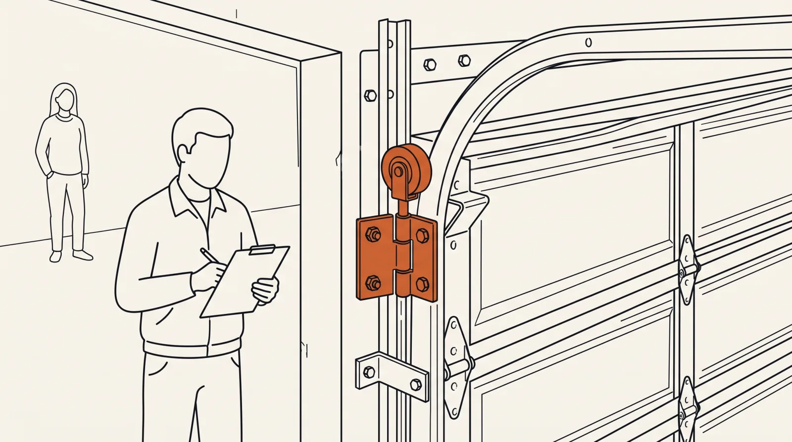 Technical line illustration of a door roller and hinge drawn in orange on the side of a raised panel door, with a technician writing on a clipboard nearby and a homeowner standing back in the room behind him.