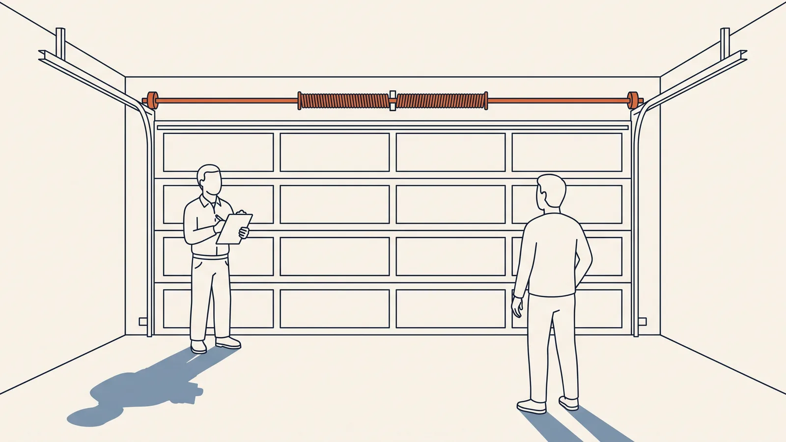 Line illustration of a closed garage door seen from the floor, with the torsion spring and shaft running along the top of the door, high overhead, a technician holding a clipboard on the left and a homeowner standing back on the right.