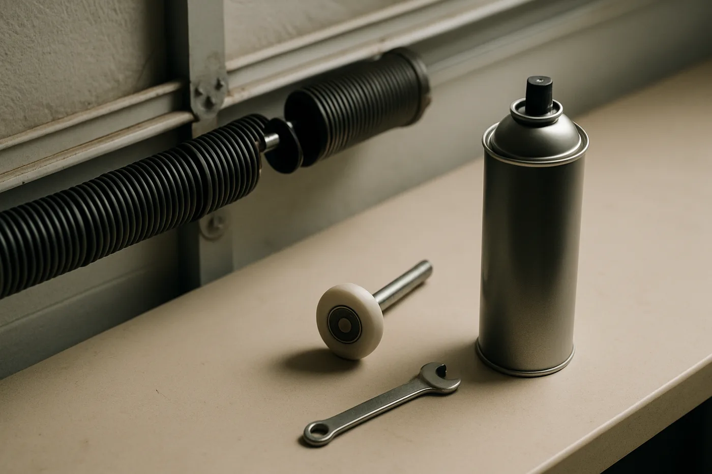 Close-up of a snapped torsion spring above a garage door with visible gaps in the coil