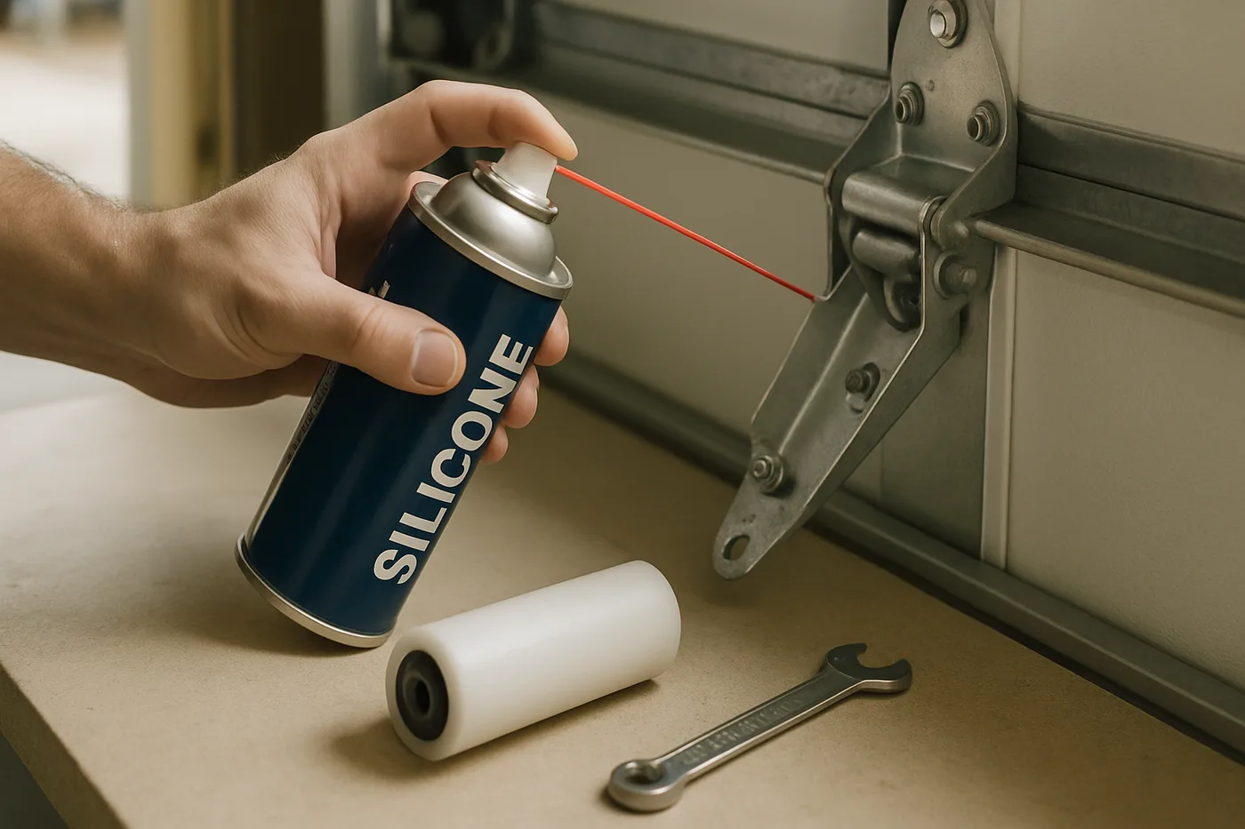 Homeowner applying silicone spray lubricant to a garage door hinge pivot