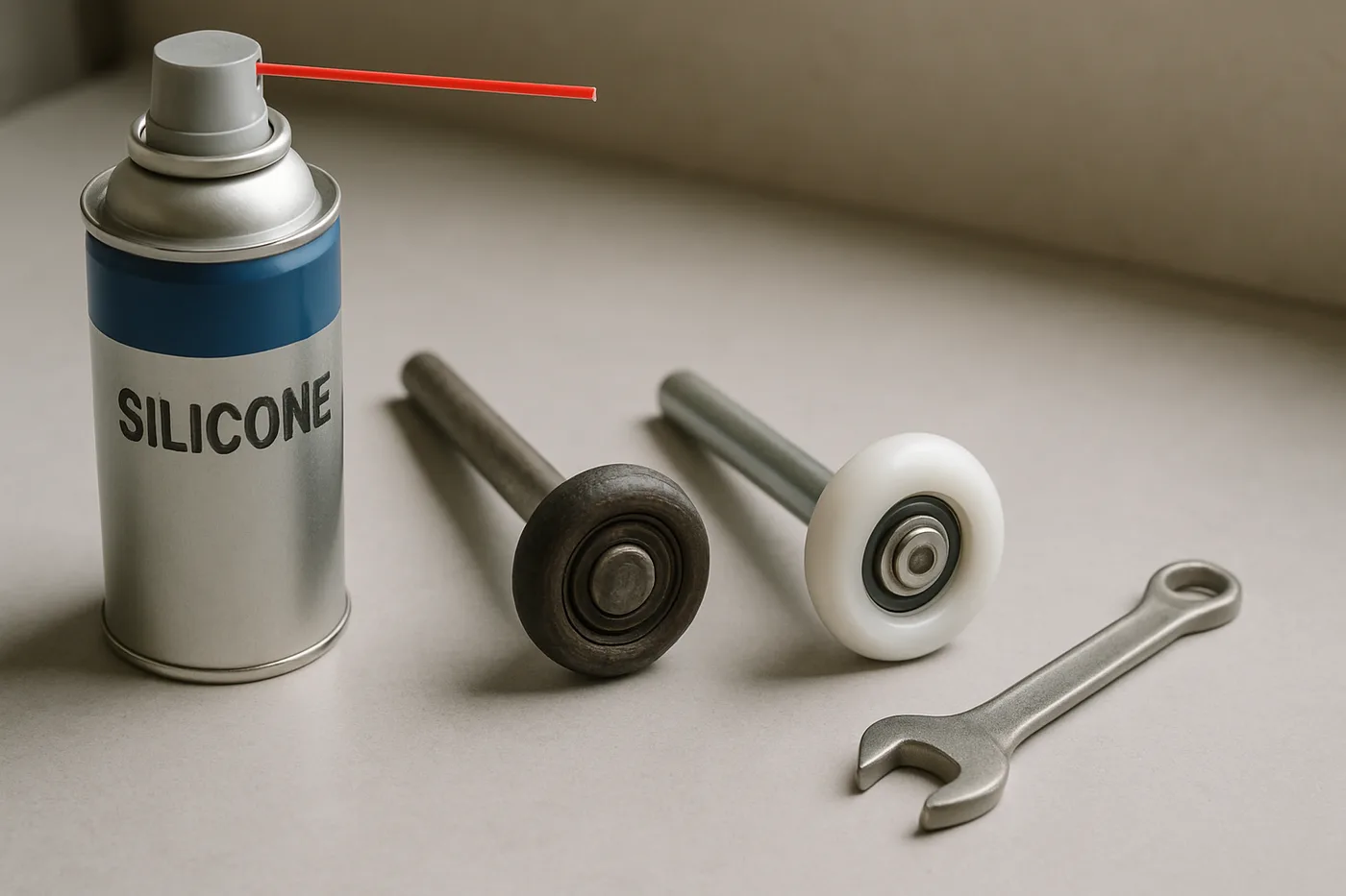 Close-up of worn steel roller bearing next to a smooth nylon roller on a garage door track