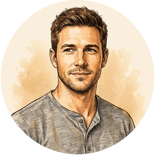 Illustrated portrait of Ben, a young man with short brown hair in a gray henley