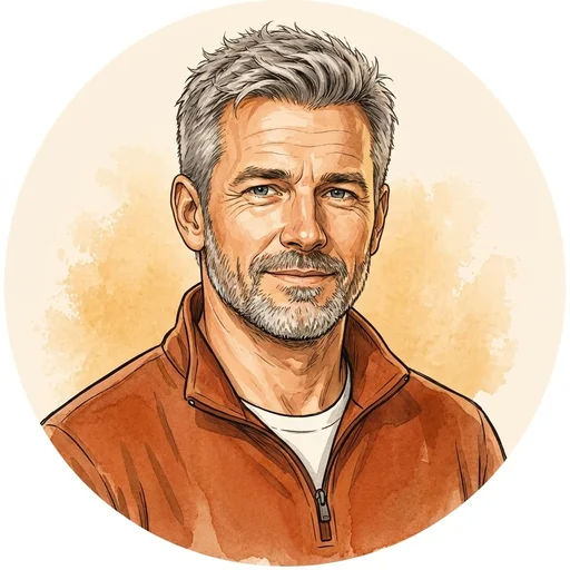 Illustrated portrait of Dale, a gray-haired, bearded man in a rust-orange pullover