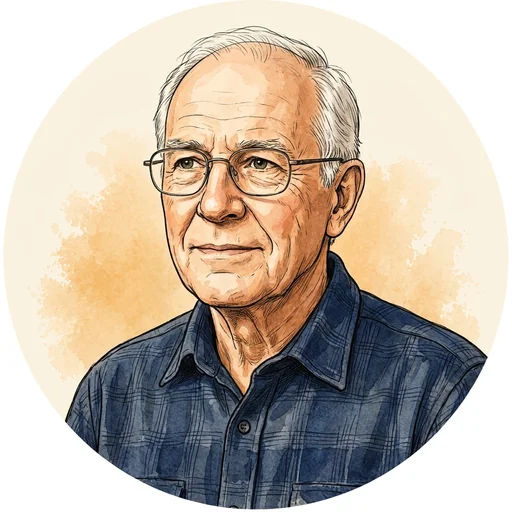 Illustrated portrait of Greg, a white-haired man with glasses in a navy flannel shirt
