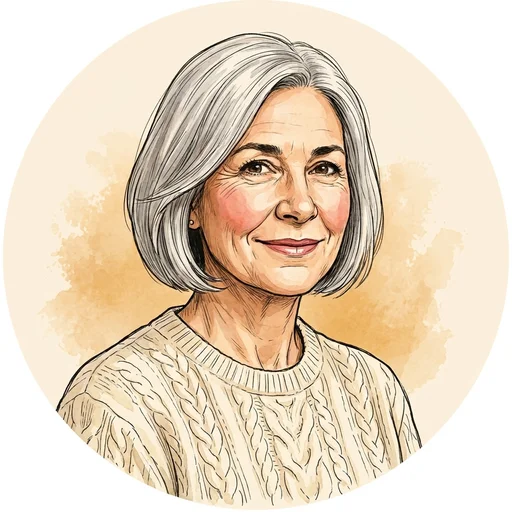 Illustrated portrait of Linda, a woman with a short silver bob in a cream cable-knit sweater