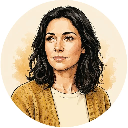 Illustrated portrait of Marisol, a woman with dark wavy hair in a mustard cardigan