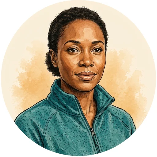 Illustrated portrait of Tasha, a woman with natural hair pulled back, in a teal fleece